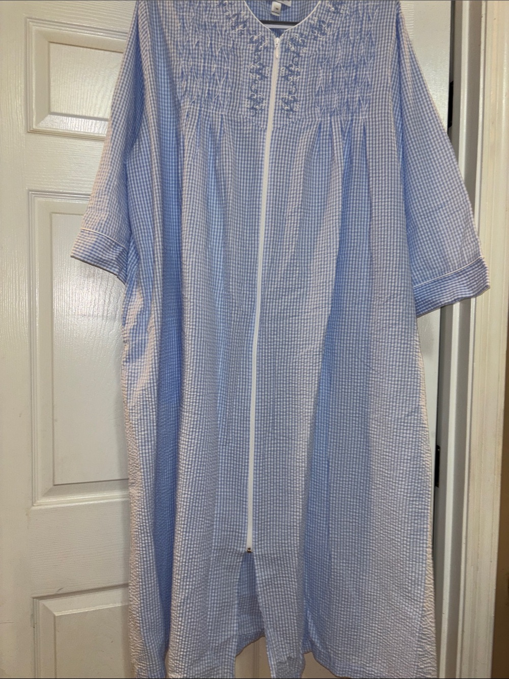 Miss Elaine Light Blue Gingham Zip-Front Robe 3x